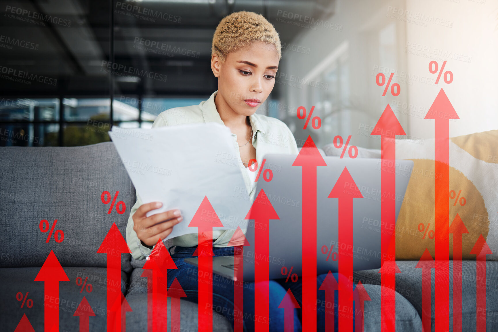 Buy stock photo Stock market, overlay and woman with a laptop, paperwork and research with budget planning, investment and inflation. Home, girl and person on a couch, pc or review financial profile with economy