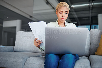 Buy stock photo Home, inflation and woman with a laptop, document and bills with budget planning, investment and research. Person, paperwork or girl with a pc, tax or review financial profile with connection