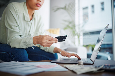 Buy stock photo Woman, credit card and bills with laptop, budget and e commerce and fintech, information and internet banking at home. Online shopping, finance and money to pay and savings with customer experience