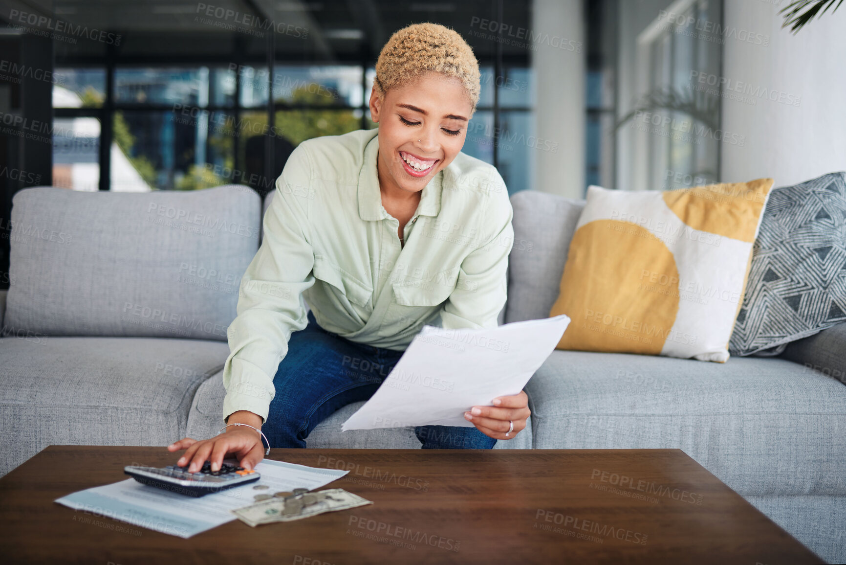 Buy stock photo Woman, calculator and budget on sofa for home finance, taxes documents and income or salary management. Happy african person with cash, money and paperwork for profit, savings and bills or payment