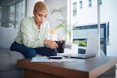 Buy stock photo Home, finance and woman with a laptop, stress and calculator with budget planning, review finances and inflation. Person, paperwork and girl on a sofa, pc or counting with wallet and bankruptcy