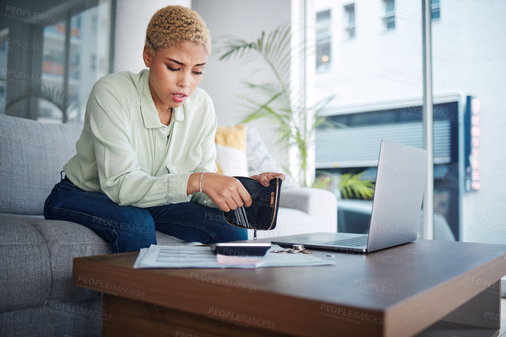 Buy stock photo Home, finance and woman with a laptop, stress and calculator with budget planning, review finances and inflation. Person, paperwork and girl on a sofa, pc or counting with wallet and bankruptcy