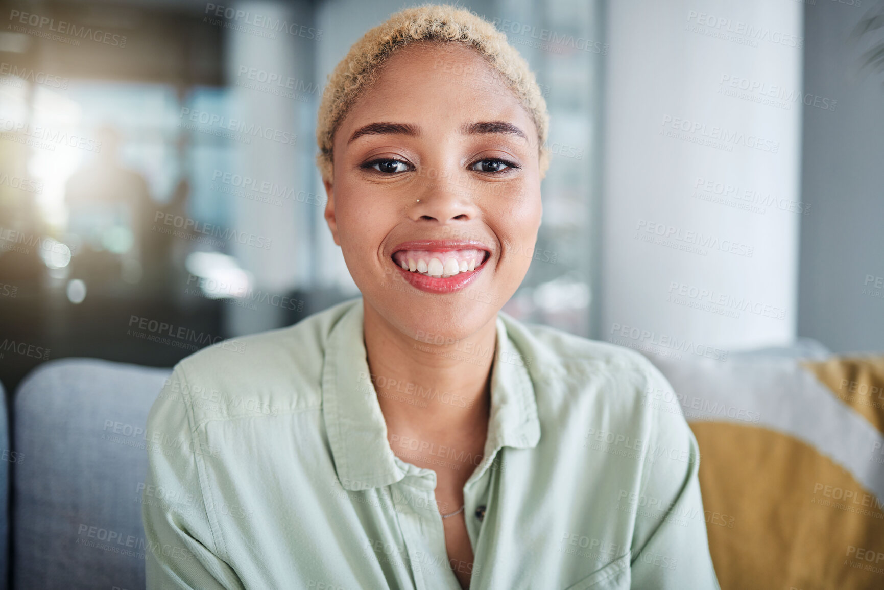 Buy stock photo Happy woman, relax or portrait in home of freelancer with a smile on a living room couch on break. Face, calm or female person in an apartment resting after remote work on a lounge sofa with peace 