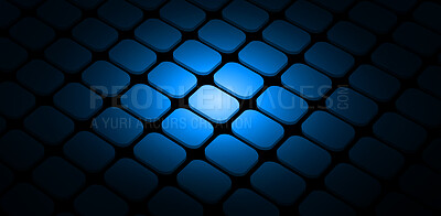 Buy stock photo Blue, grid and light on black wallpaper with pattern, texture and digital matrix on cyber connection. Neon lighting, future technology and system information button, tiles or keys on dark background