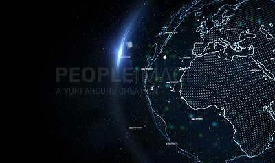 Buy stock photo Hologram earth, planet and star by dark background for global network, mockup space and lens flare. Holographic world, overlay and futuristic light with digital transformation on technology abstract