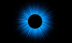 Blue, circle and light ray on black background with pattern, texture and digital star on cyber icon. Neon lighting, future technology and sun for virtual logo, sign and space mockup on dark wallpaper