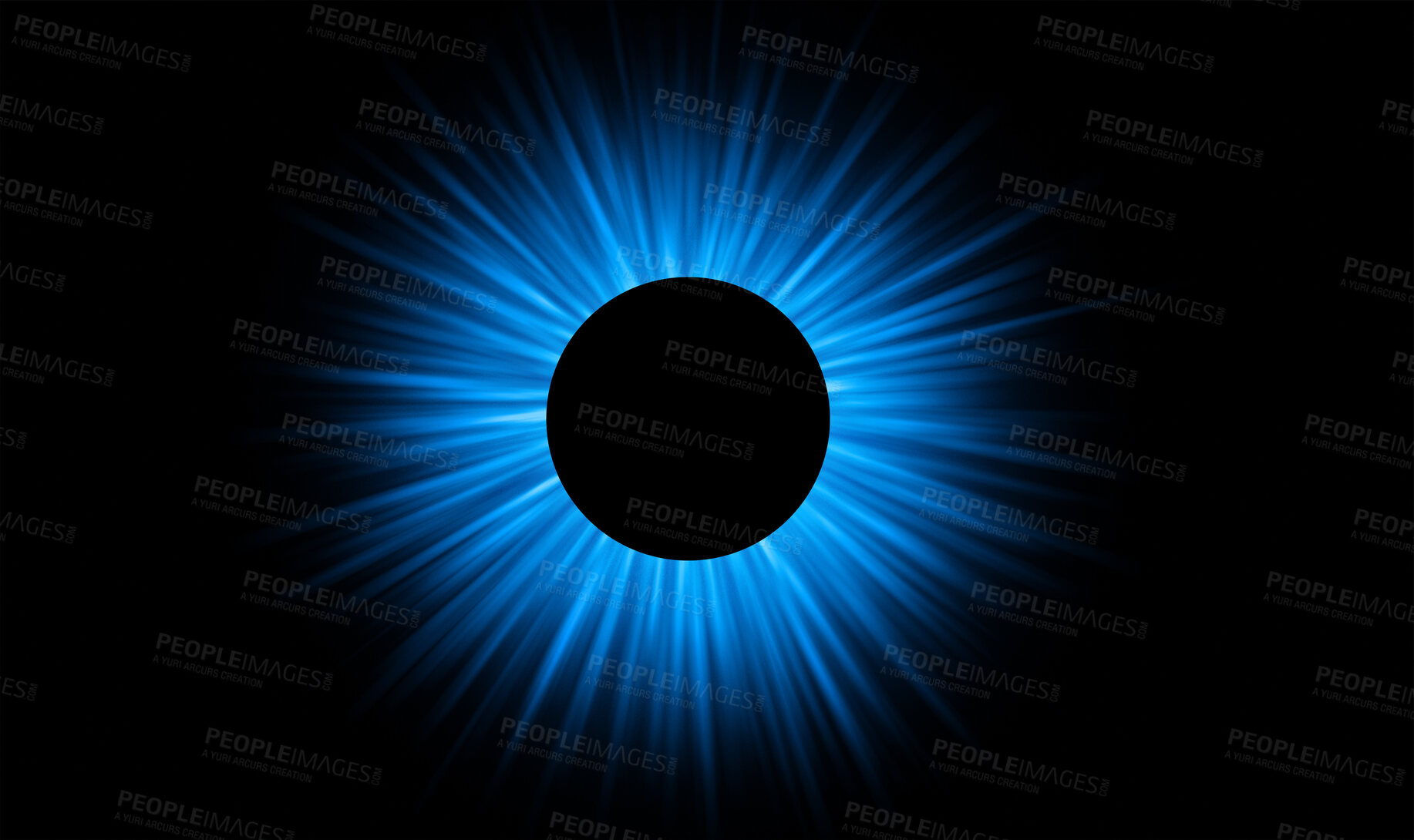 Buy stock photo Blue, circle and light ray on black background with pattern, texture and digital star on cyber icon. Neon lighting, future technology and sun for virtual logo, sign and space mockup on dark wallpaper