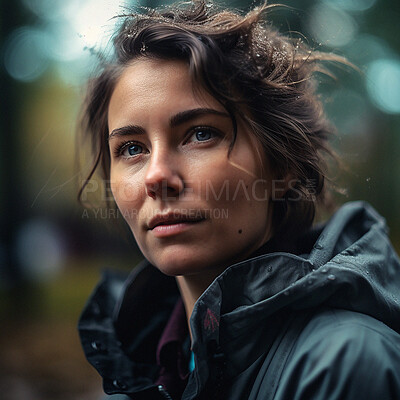 Buy stock photo Winter, face and nature, woman in rain on walk and bokeh, trees and outdoor hiking adventure. Trekking, insight and blurred background, ai generated girl in woods in evening storm and water drops.