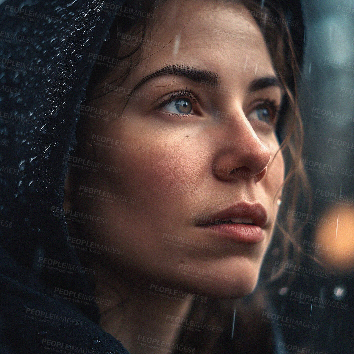 Buy stock photo Thinking, face and nature, woman in rain on winter walk in lights, trees and outdoor hiking adventure. Trekking, insight and bokeh, serious ai generated girl in woods in evening storm and water drops