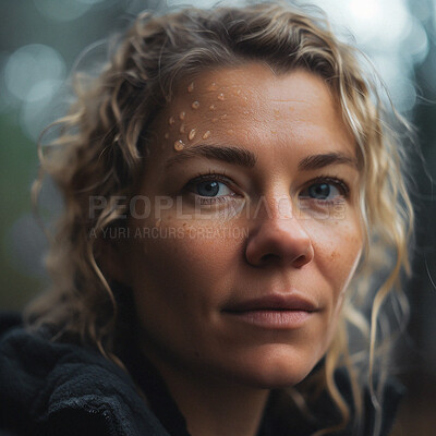 Buy stock photo Portrait, face and nature, woman in rain on winter walk in lights, trees and outdoor hiking adventure. Trekking, insight and bokeh, serious ai generated girl in woods in evening storm and water drops