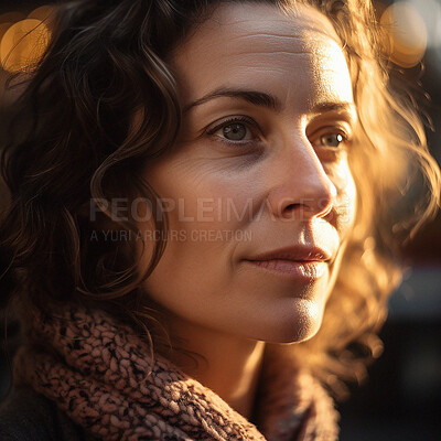 Buy stock photo Sunshine, thinking and woman ideas, peace and calm with thoughts, daydreaming and solution. Person, outdoor and ai generated with light, girl and nature with ideas, wonder and artistic with beauty