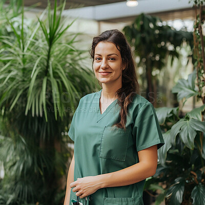 Buy stock photo Nurse, nature and portrait of healthcare worker or physician with smile for outdoor medical health in a garden. Medicine, wellness and confident woman employee happy and proud at hospital or clinic