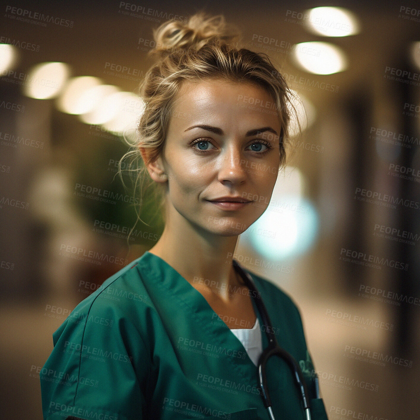 Buy stock photo Hospital services, portrait and woman confident in healthcare support, ai generated or clinic career job. Face of person, medical trust and medicine expert, doctor or nurse for health wellness