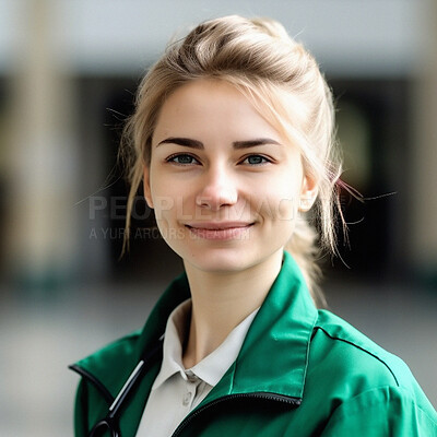 Buy stock photo Healthcare portrait, woman and happy paramedic for health care, medical emergency or clinic profile picture. Ai generated, wellness and outdoor face of EMT ambulance worker for first aid support