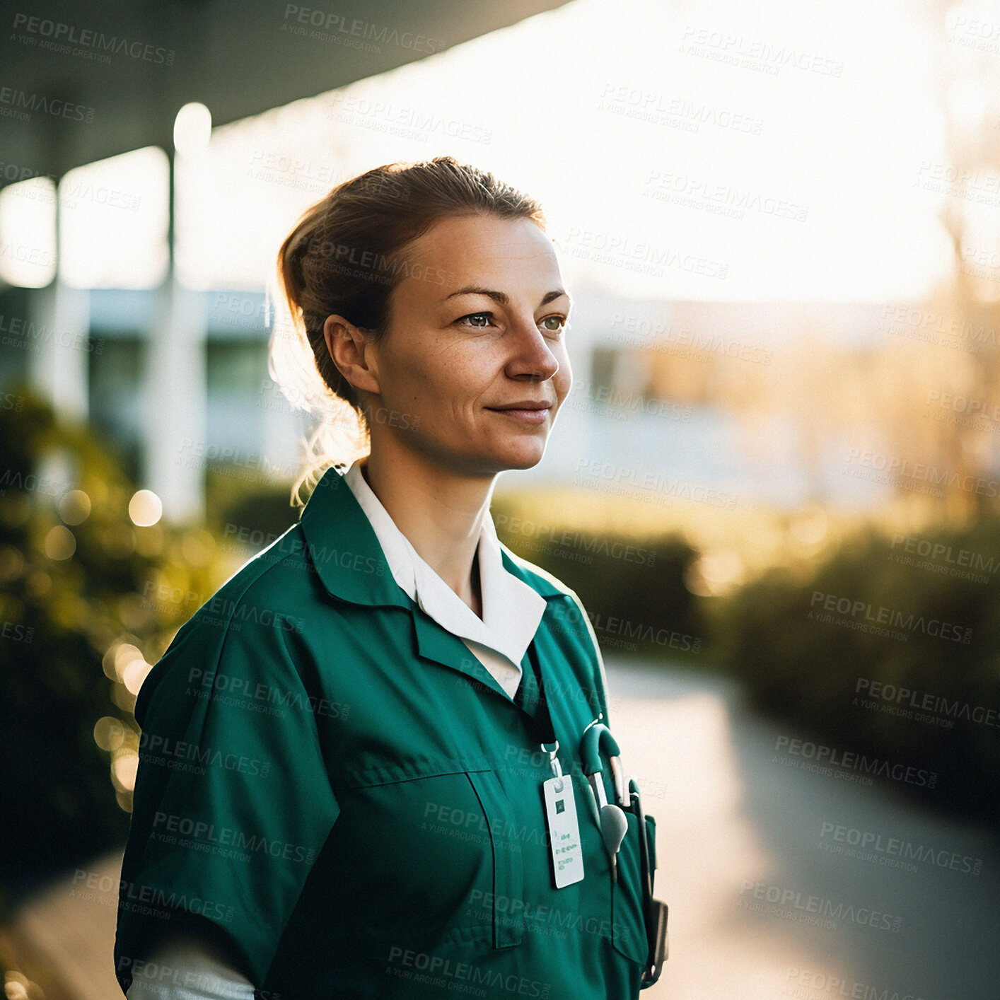 Buy stock photo Professional nurse, woman doctor and thinking outdoor of hospital with a smile in morning. Female person, idea and healthcare worker with medical wellness and happy from career and clinic job