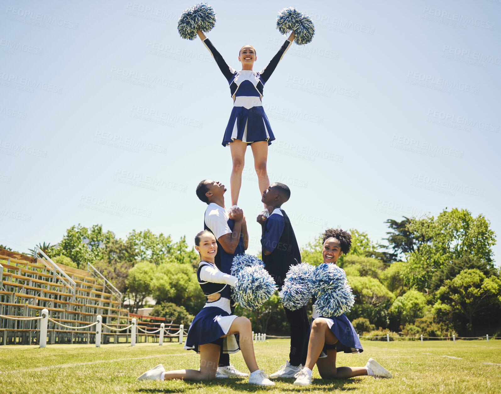 Buy stock photo Cheerleader team portrait, smile and formation of people for performance on field outdoor in training, balance or exercise. Happy, cheerleading group and support at event, sport competition or mockup