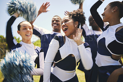 Buy stock photo Cheerleaders, outdoor and team for celebration, smile and winner with happiness, excited and teamwork. Women, men and group cheering, grass field or chanting for champion, support and motivation