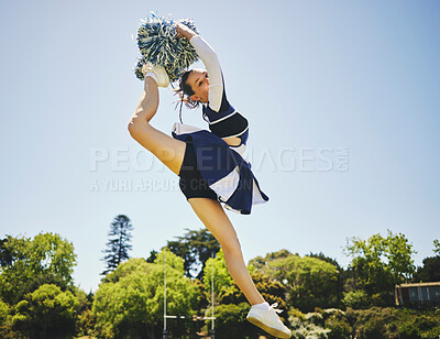 Buy stock photo Fitness, jump and woman cheerleader on a field for motivation or support practice with team. Sports, cheerleading and female athlete training for skill and dance with energy at competition or match.
