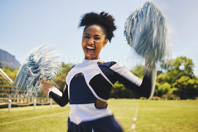 Woman, cheerleader and smile with pompoms on field, fitness and training for performance, trick and dance. Energetic black person, cheer and sports for motivation, support and encourage in uniform