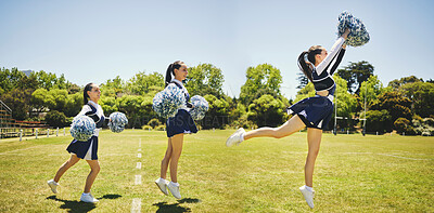 Buy stock photo Cheerleader person, jump and dancing for sports practice on grass field for final competition. Woman, athlete and intense training with agility, balance and concentrate with focus for composite
