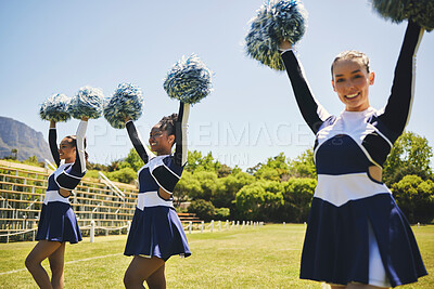 Buy stock photo Cheerleader, group portrait and women training, dance and performance on field outdoor for exercise, formation or workout. Happy, cheerleading team and support at event, sport competition and energy