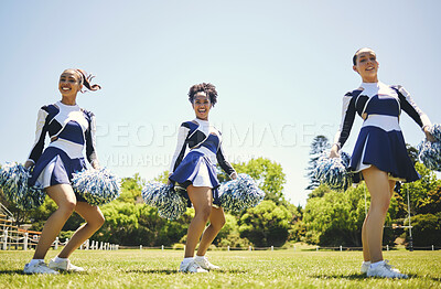 Buy stock photo Portrait, motivation and a cheerleader group of women outdoor for a training routine or sports event. Smile, teamwork and diversity with a happy young cheer squad on a field together for support