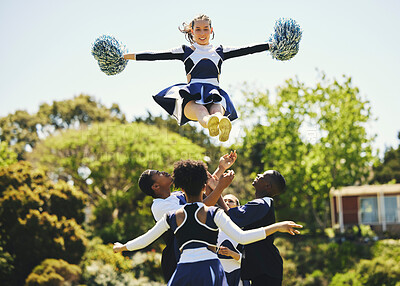 Buy stock photo Teamwork, air or girl cheerleader training in fitness workout, exercise or learning routine on field. Jump, dance or sports woman in group for motivation, inspiration or support on college campus