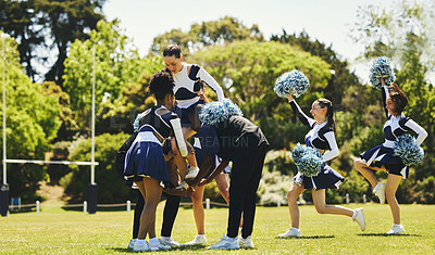 Buy stock photo Team, cheerleader or girl on field for practice or fitness training in outdoor workout or performance. Learning routine, dance or sports woman in group for motivation, inspiration or support on grass