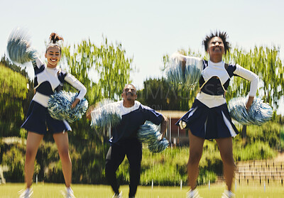 Buy stock photo Cheerleader team, blur and people dancing in performance on field outdoor for exercise, training and healthy body. Smile, cheer group and support at event, sports competition and workout with energy