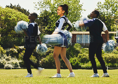 Buy stock photo Motion blur, smile and a cheerleader group of young people outdoor for training routine or sports event. Energy, support or diversity with a happy young cheer squad on a field together for motivation