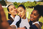 Field, girl or cheerleaders in team selfie at a game with support in training, exercise or fitness workout. Female athletes, teamwork or happy sports women in a social media picture or group photo