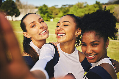 Buy stock photo Portrait, women or cheerleaders in a group selfie at a game with support in training, exercise or fitness workout. Proud girls, smile or happy sports athletes in a social media picture or team photo