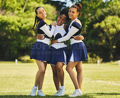 Buy stock photo Teamwork, hug or portrait of cheerleader with women outdoor in training or sports event together. Diversity, smile or girl by a happy cheer squad group on field for support, solidarity or fitness 