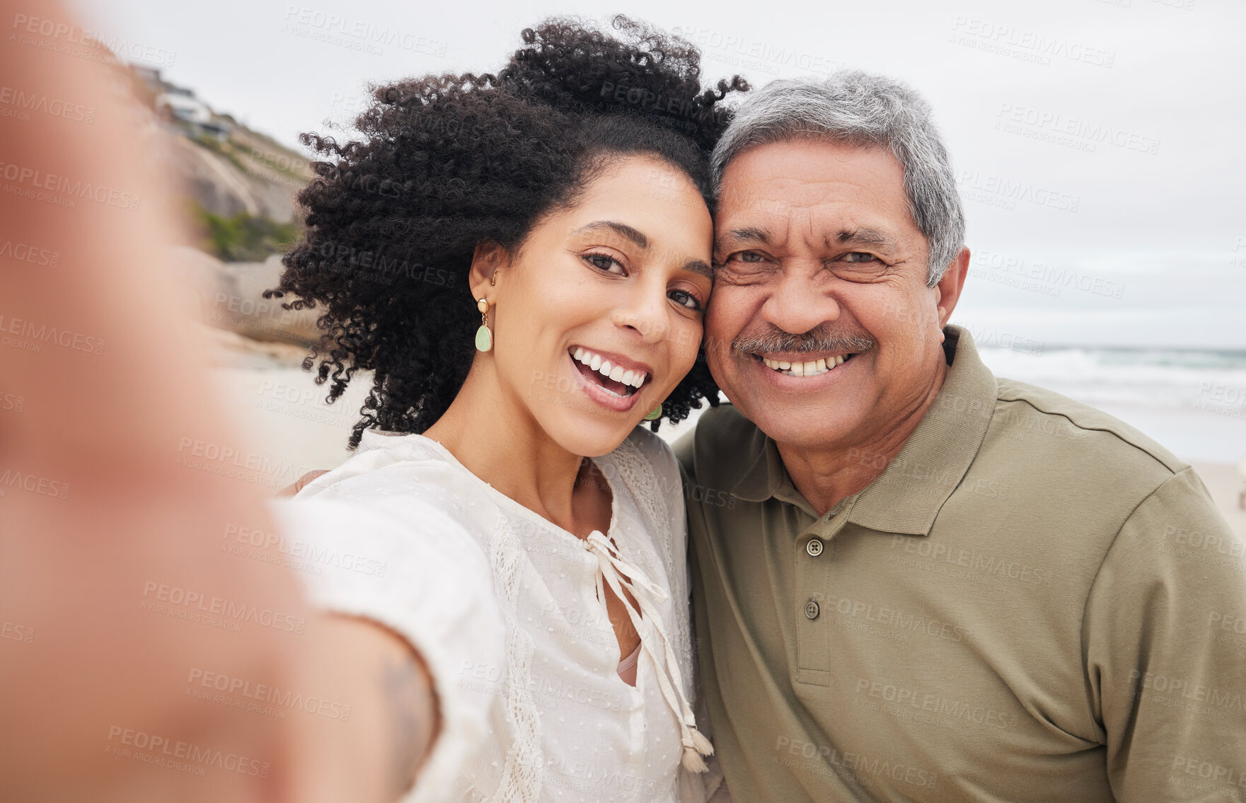 Buy stock photo Portrait, selfie of woman and mature father at beach on vacation, holiday or travel outdoor. Face, picture and dad with adult daughter at ocean for care, happy family bonding or smile together at sea