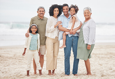 Buy stock photo Portrait, smile and big family at beach on vacation, holiday or travel outdoor in summer. Happy parents, grandparents and kids at ocean for care, children bonding and love connection together at sea