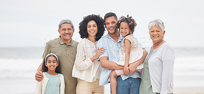 Buy stock photo Portrait, happy and big family at beach on vacation, holiday or travel outdoor in summer. Parents, grandparents and kids at ocean for care, children bonding together and smile for connection at sea