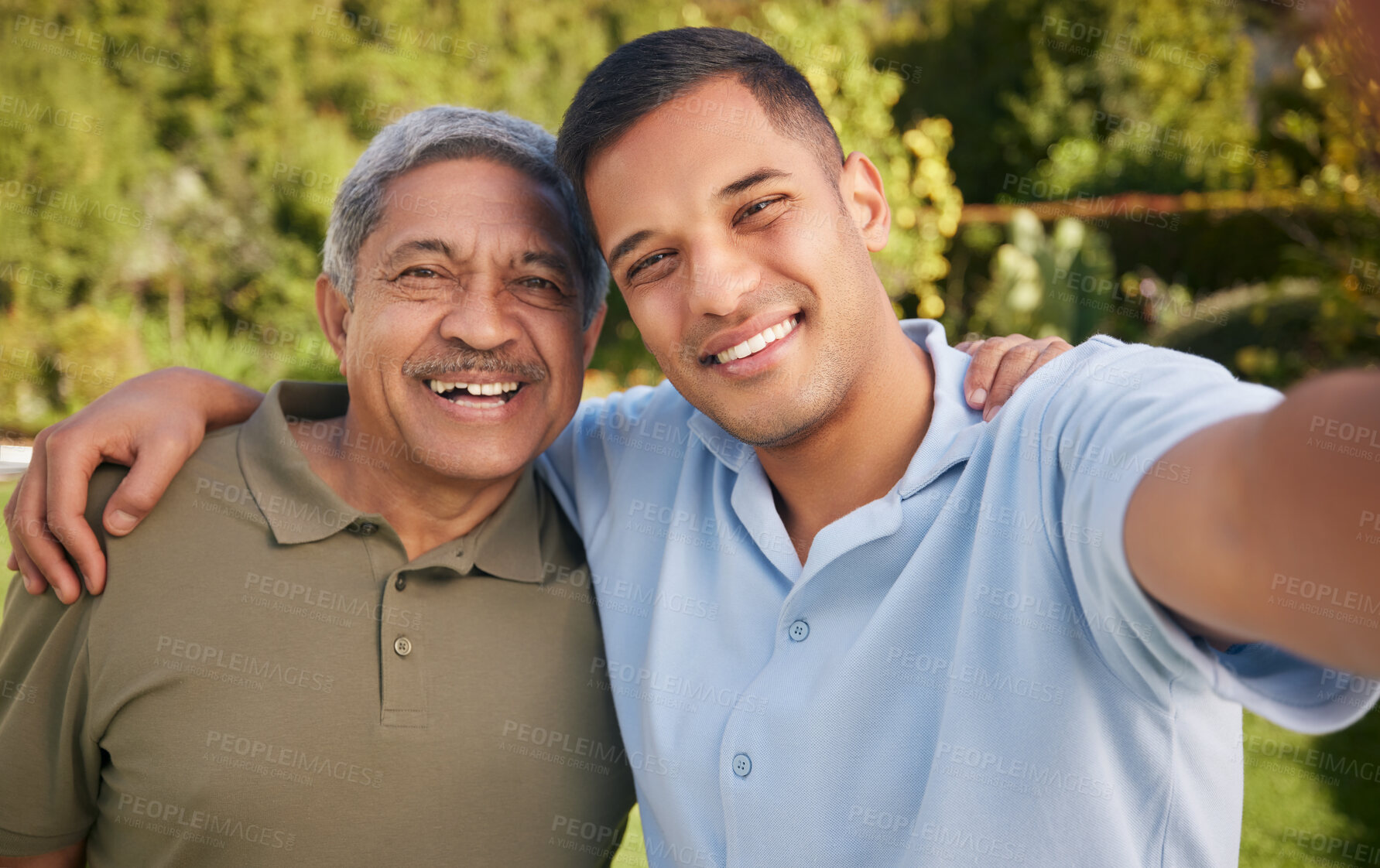 Buy stock photo Portrait, selfie of man and mature father at park on vacation, holiday or travel outdoor. Face, picture and dad with adult person at garden for care, happy family bonding or smile together in nature