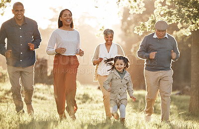 Buy stock photo Park, running and child with parents or grandparents on grass field for freedom, adventure or playing in summer. Family, men or women with fun or love in forest with sunshine for care or happiness