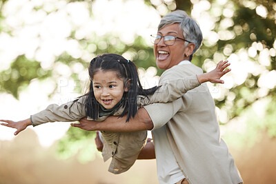 Buy stock photo Family, girl child or grandmother with fly or airplane for fantasy play, fun game or together with bokeh in nature. People, kid or grandma outdoor with happiness for love, care and bonding or excited