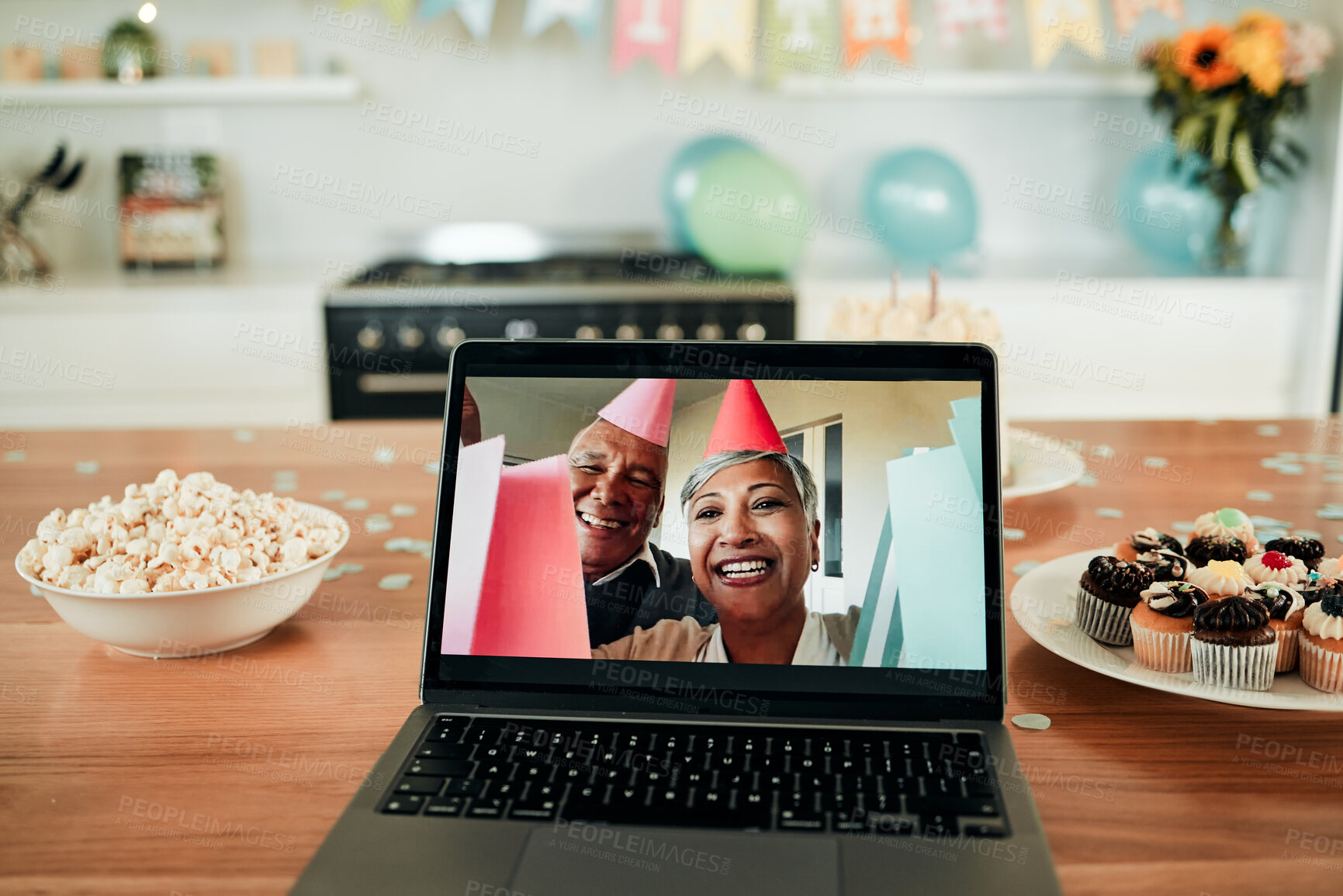 Buy stock photo Senior, couple and video call on laptop screen for party with family communication or meeting at home. Elderly, people and internet for celebration, conversation or chat with technology and smile
