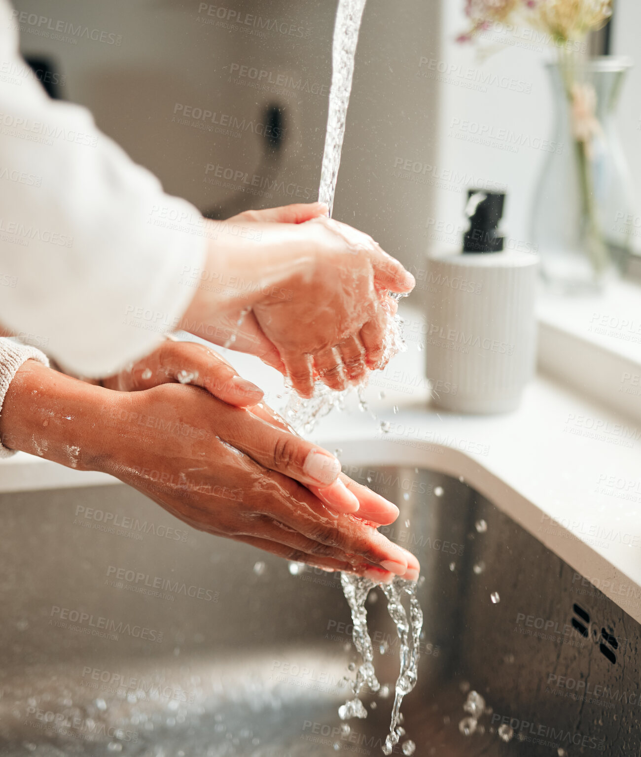 Buy stock photo Closeup, hygiene and people washing hands in sink with water for cleaning, faucet or grooming. Zoom, sanitary and morning routine with soap, foam or liquid in basin for fresh fingers in a house