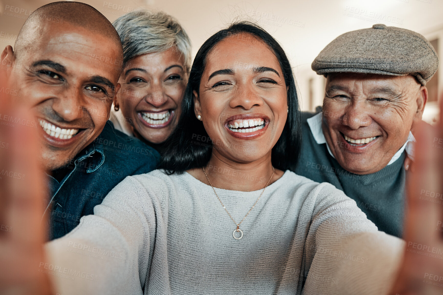 Buy stock photo Family, selfie and portrait of senior parents on sofa for bonding, relationship and fun at home. Love, smile and mature mother, father and adult children in living room for relaxing, trust and care