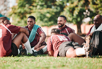 Buy stock photo Sports, training and people or rugby players in a circle for planning strategy for game or match. Fitness, group and athletes talking for team building and relax on an outdoor field for practice