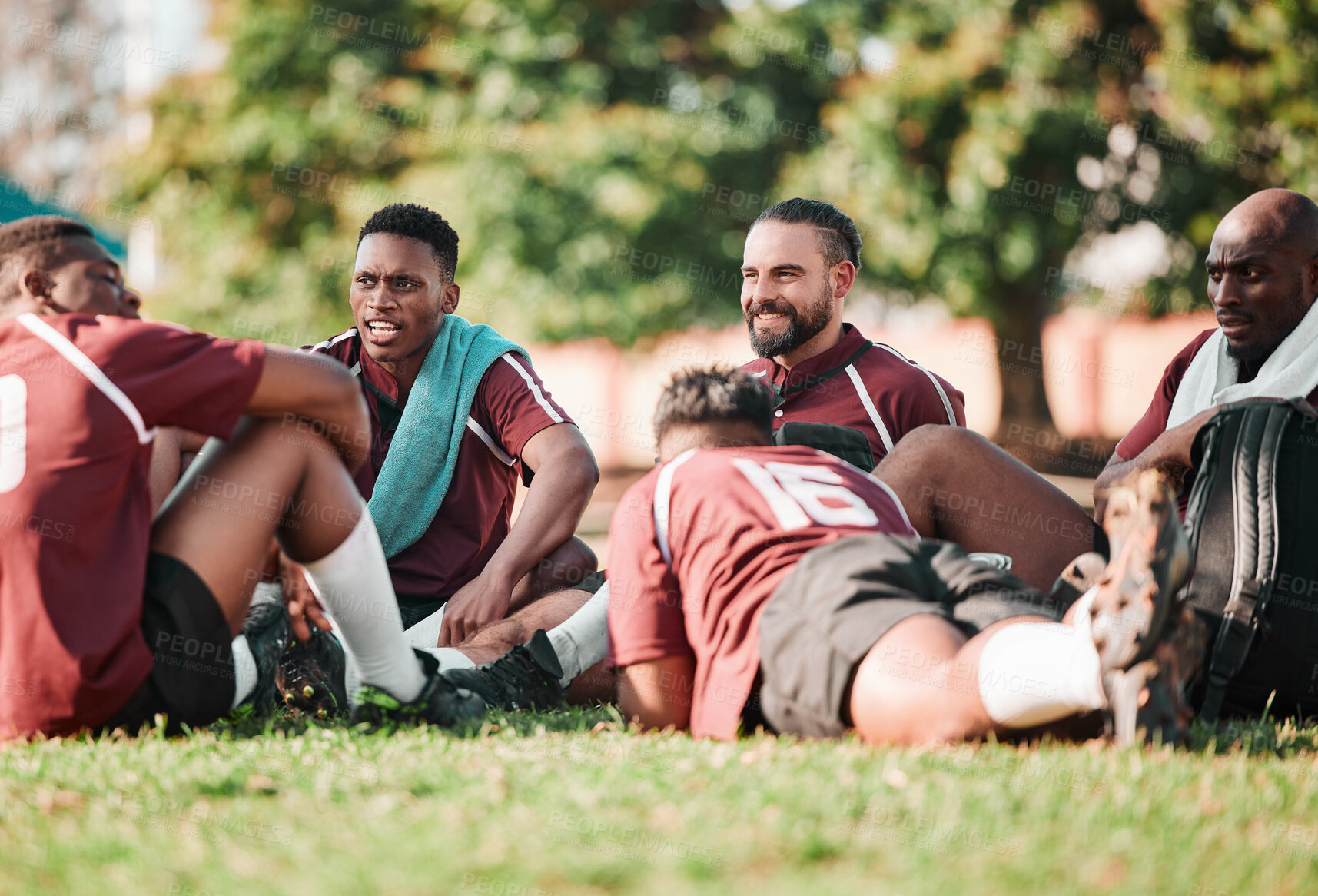 Buy stock photo Sports, training and people or rugby players in a circle for planning strategy for game or match. Fitness, group and athletes talking for team building and relax on an outdoor field for practice