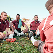 Team Building Rugby Fitness, group and rugby players in a circle at training for planning ...
