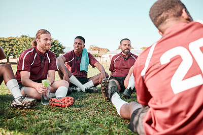 Buy stock photo Fitness, people and rugby players in at training for planning strategy for game or match. Sports, huddle and athletes talking for group teamwork and workout on an outdoor field for practice together