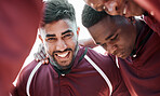 Fitness, huddle and portrait of rugby team on field planning strategy for game, match or tournament. Sports, diversity and captain talking to group at training, exercise or practice on outdoor pitch.