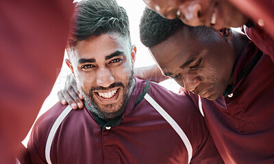 Buy stock photo Fitness, huddle and man in rugby team on field planning strategy for game, match or tournament. Sports, diversity and captain talking to group at training, exercise or practice on outdoor pitch.