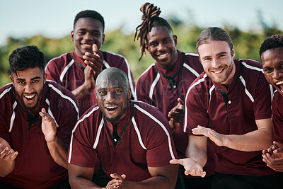 Buy stock photo Sports, portrait and team on field for motivation in applause, cheers at competition or happy support. Smile, men and teamwork in rugby, friends at training with praise, celebration and game together