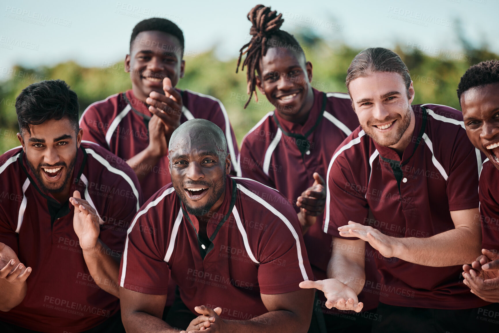 Buy stock photo Sports, portrait and team on field for motivation in applause, cheers at competition or happy support. Smile, men and teamwork in rugby, friends at training with praise, celebration and game together